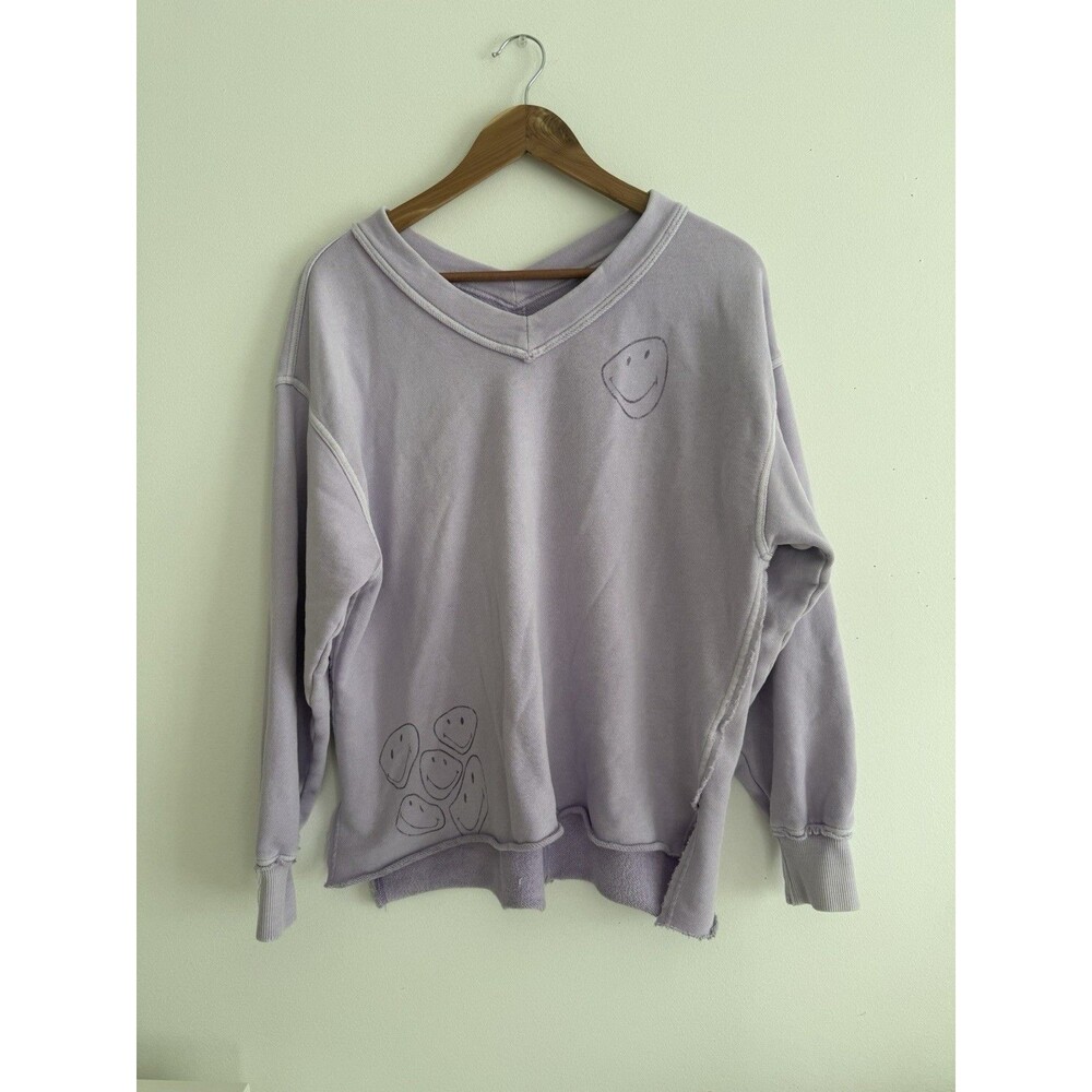 ✿Aerie Lavender Smiley Face Sweatshirt XS Raw Hem Cozy Cotton Blend Top!